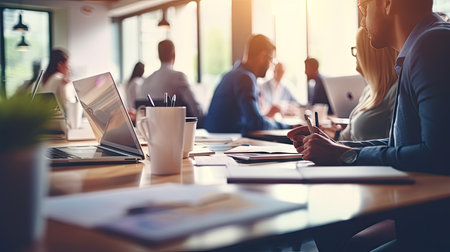 Businessmen blur in the workplace or work space of table working in office with computerの素材