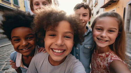 A happy and diverse group of friends, with unique ethnicities, capturing a selfie to rememberの素材