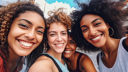 dynamic photo capturing the essence of friendship, as a diverse group of friends strike a poseの素材