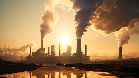bustling factory emitting smoke from its chimneys, symbolizing industrial productivity and progressの素材