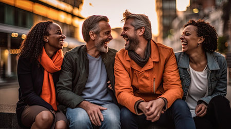 Group of adult friends having fun outdoors.People laughing walking in city street enjoying day off.の素材