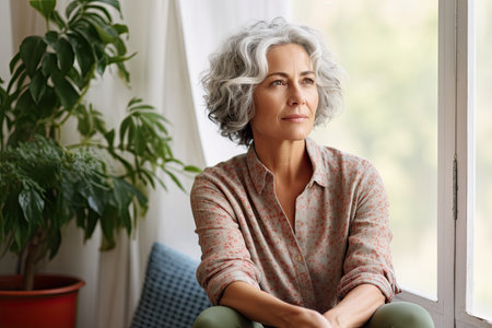 Woman with a concerned expression sits on a cozy couch,reflecting her mental health concerns,seniorの素材