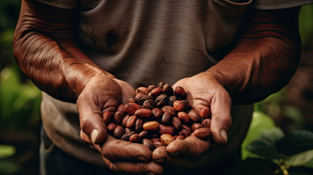Close up of farmer hands holding coffee cherry after drying process. Organic product natural originの素材