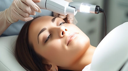 A woman receiving a laser facial treatment from an optometrist.の素材