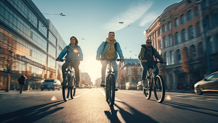 cyclist immersed in urban hustle, showcasing the fast-paced nature of city life, the joy of cyclingの素材
