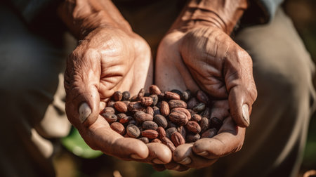 close-up of an elder's hands holding grains of collected coffee, working at the ruralの素材