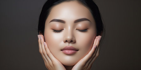 An Asian woman practicing self-love and mental health awareness through her skincare routineの素材