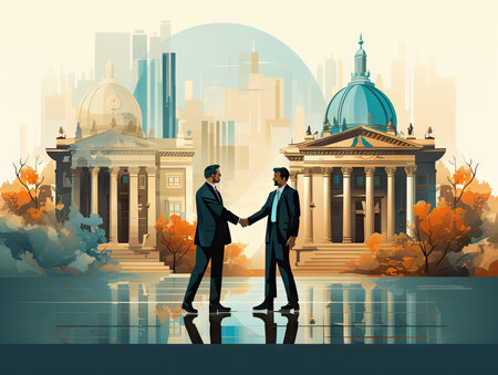 handshake between two businessmen in front of a building, representing a legal agreement, partnershipの素材