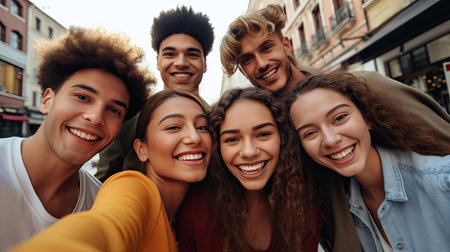 A cheerful group of friends,representing diverse ethnicities,smiling and posing together for selfieの素材