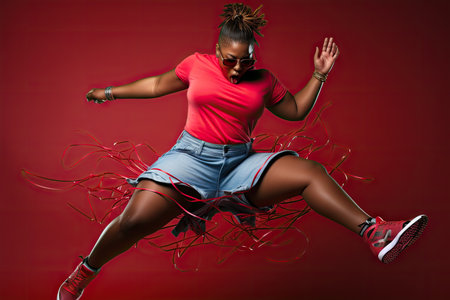 African American woman dancing, plus size body positive movement, diverse type of dancerの素材