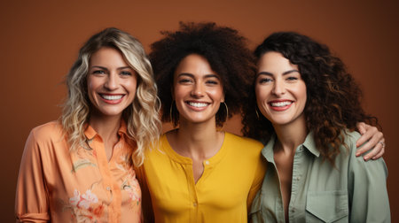 A group of women from different ethnic backgrounds, standing together and smiling.の素材
