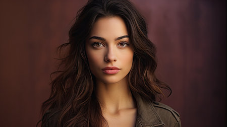 Frontal portrait of model with long hair and dark makeup,confidence,against a colorful background.の素材