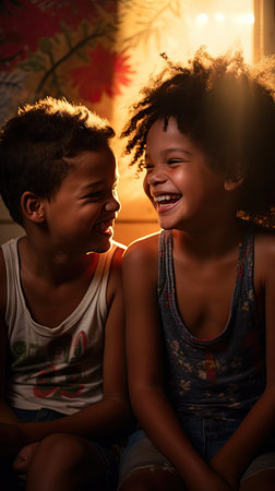 Joyful black african kids daughter and brother from america with bright eyes and big smilesの素材