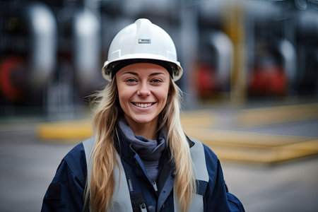A female worker wearing protective gear stands confidently in front of a massive industrial refineryの素材