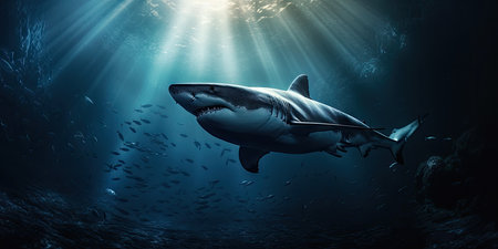 scary great white shark swimming underwater in its natural habitatの素材