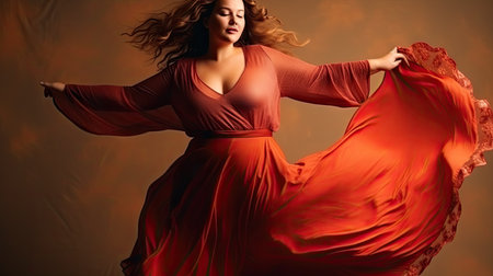 A curvy lady with a beaming smile, enjoying the freedom of movement and feeling good, body positiveの素材