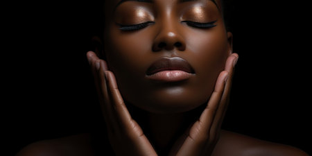 A serene black woman with closed eyes gently touches her face, sense of relaxation and tranquilityの素材
