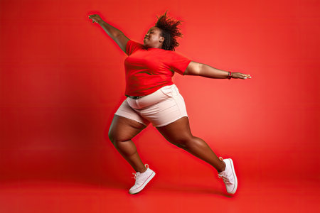 Plus size fit black african american woman enjoying a dance workout in a studio,color red backgroundの素材