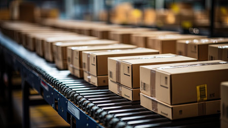 Boxes of various sizes placed in an orderly manner on a conveyor belt, ready for transportation.の素材