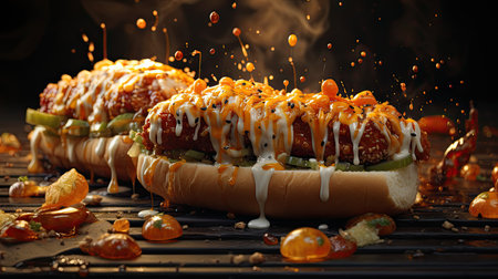 delicious hot dog smothered, savory sauce, topped with a colorful array of mouthwatering ingredientsの素材