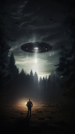 UFO landing in the forest meadow during a dark night, cinematic sceneの素材