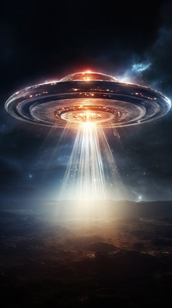 UFOs flying over a road among the trees during the night, strong lights, arrival of aliens cinemaの素材