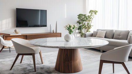 Marmer dining table in a modern living room is enhanced by the presence of a vase of flowersの素材