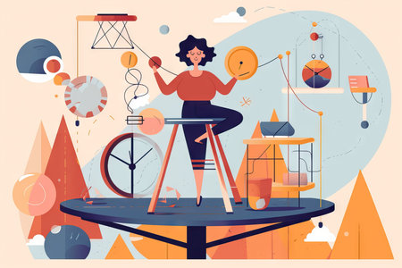 Multitasking concept. Woman balances life and work on a triangle and juggle abstractの素材
