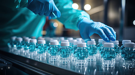 person wearing a blue suit carefully handles medicine vials while working on a production lineの素材