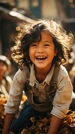 Asian kids on the way to school, backpacks, super happy bonding together, candid imageの素材