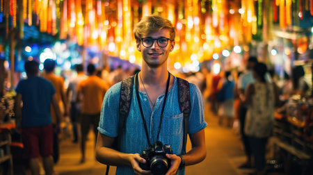 modern european man holding camera thailand during a partyの素材
