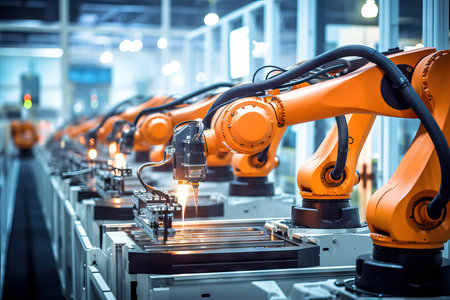 High Precision Robot Arms at Electronics Factory. Electronic Devices Manufacturing Industryの素材