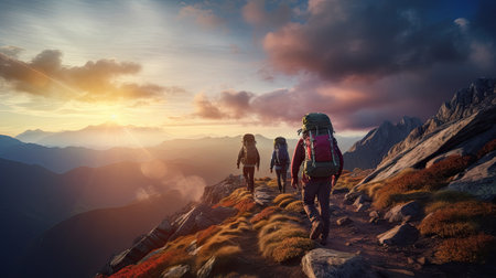A group of hikers enjoying a beautiful sunset over the mountains.の素材