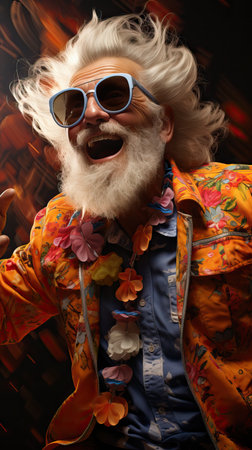 Senior man wearing 80s style colorful outfit is dancing with sunglass, cinematic motion imageの素材