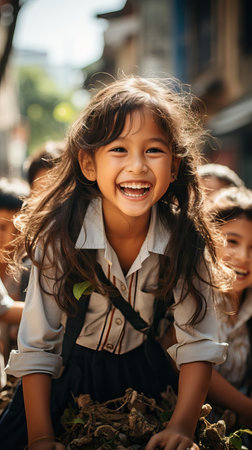 Asian kids on the way to school, backpacks, super happy bonding together, candid imageの素材