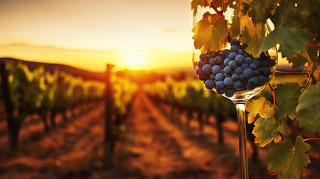 Bunch of blue grapes hanging on vineyard with copy space,bunch of ripe red grapes in the at sunsetの素材