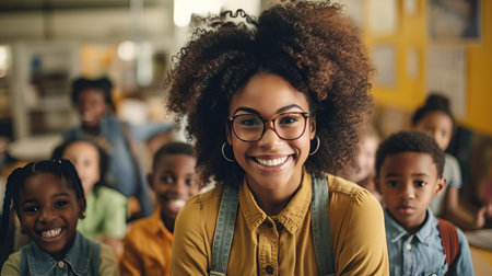 School children and teacher taking selfie in class, multi ethnic class, learning togetherの素材