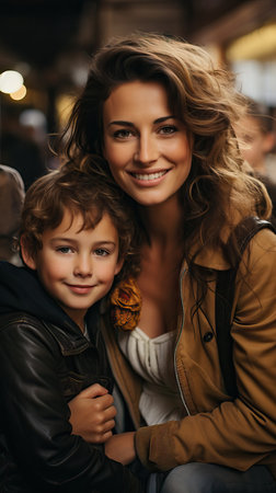 Young mother hugging her child against city background,bonding together happy family,single motherの素材