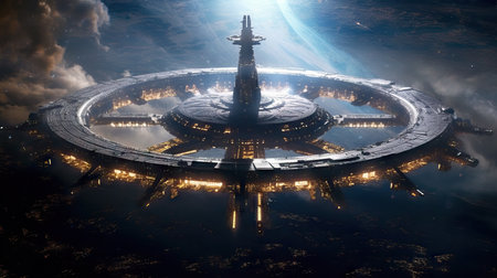 Cinematic Still, massive battleships, starry sky, nebulae, galaxies, HDR futuristic space battleshipの素材