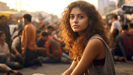 Young woman worried during a protest in the middle of the street, climate changeの素材