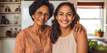 Happy mother and children in the kitchen. Healthy food, family, cooking conceptの素材