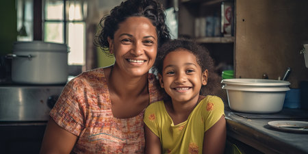 Happy mother and children in the kitchen. Healthy food, family, cooking conceptの素材