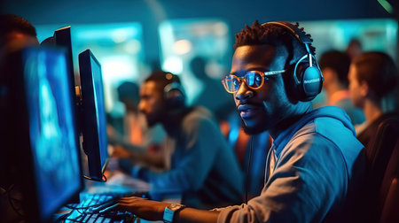 black male player competing online with friends behind a computer monitor, video games conceptの素材