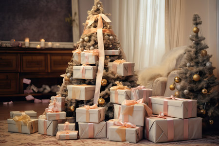 Christmas Presents giant pile under a Christmas treeの素材