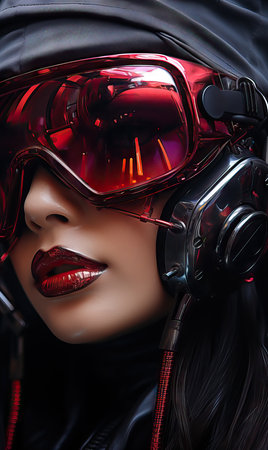 Futuristic cyberpunk women with helmet, colorful image, dystopic cityの素材