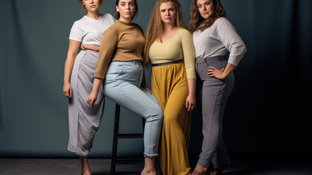 women posing together color background. Multiracial females with different size standing togetherの素材