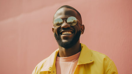 Modern american african man smiling close up portrait, wearing sunglasses, happy trendy city lifeの素材