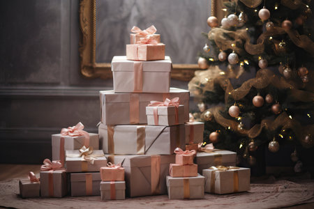 Christmas Presents giant pile under a Christmas treeの素材