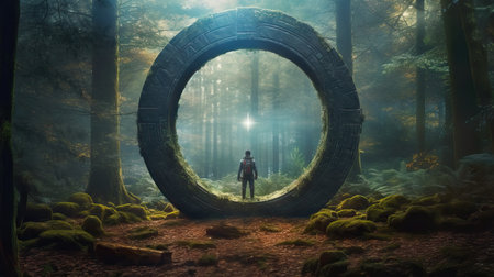 Woman in forest walking towards mysterious object, other world portal gate, forest cinematic stillの素材