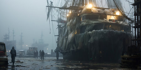 dark cyberpunk city movie concept, ship boat port of a megacity, future pollutionの素材